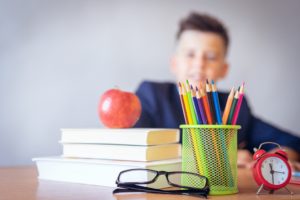 School lunches with an apple for young boy.